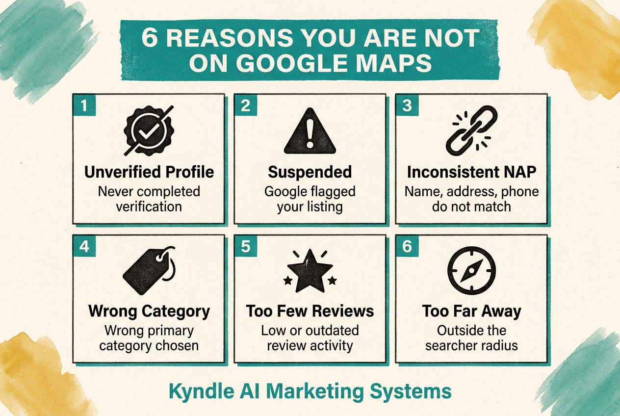 Six reasons a business is not showing up on Google Maps: unverified profile, suspended listing, inconsistent information, wrong category, too few reviews, and outside the search area