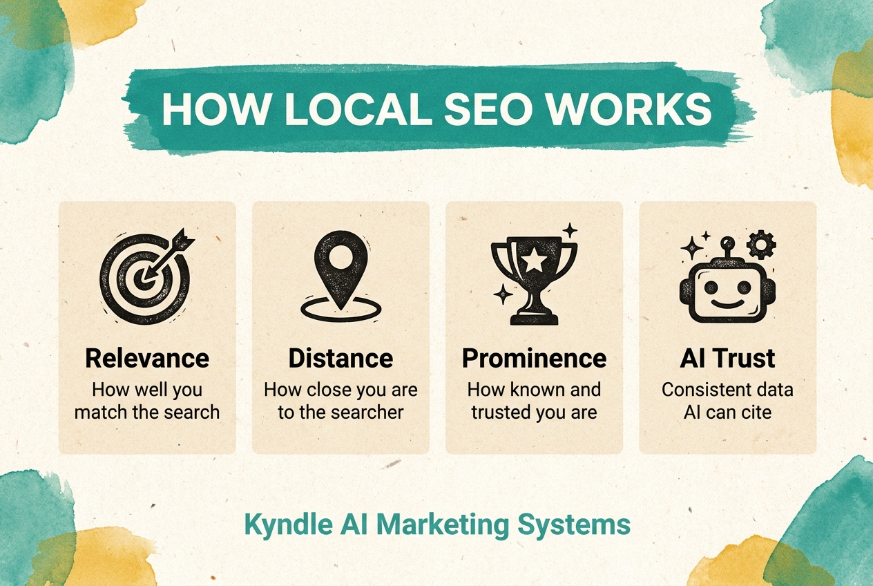 How local SEO works: relevance, proximity, and prominence signals feeding the Google Map Pack, Maps, and organic results