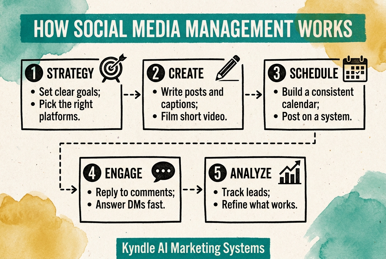 Five-step social media management process: strategy, create, schedule, engage, and analyze