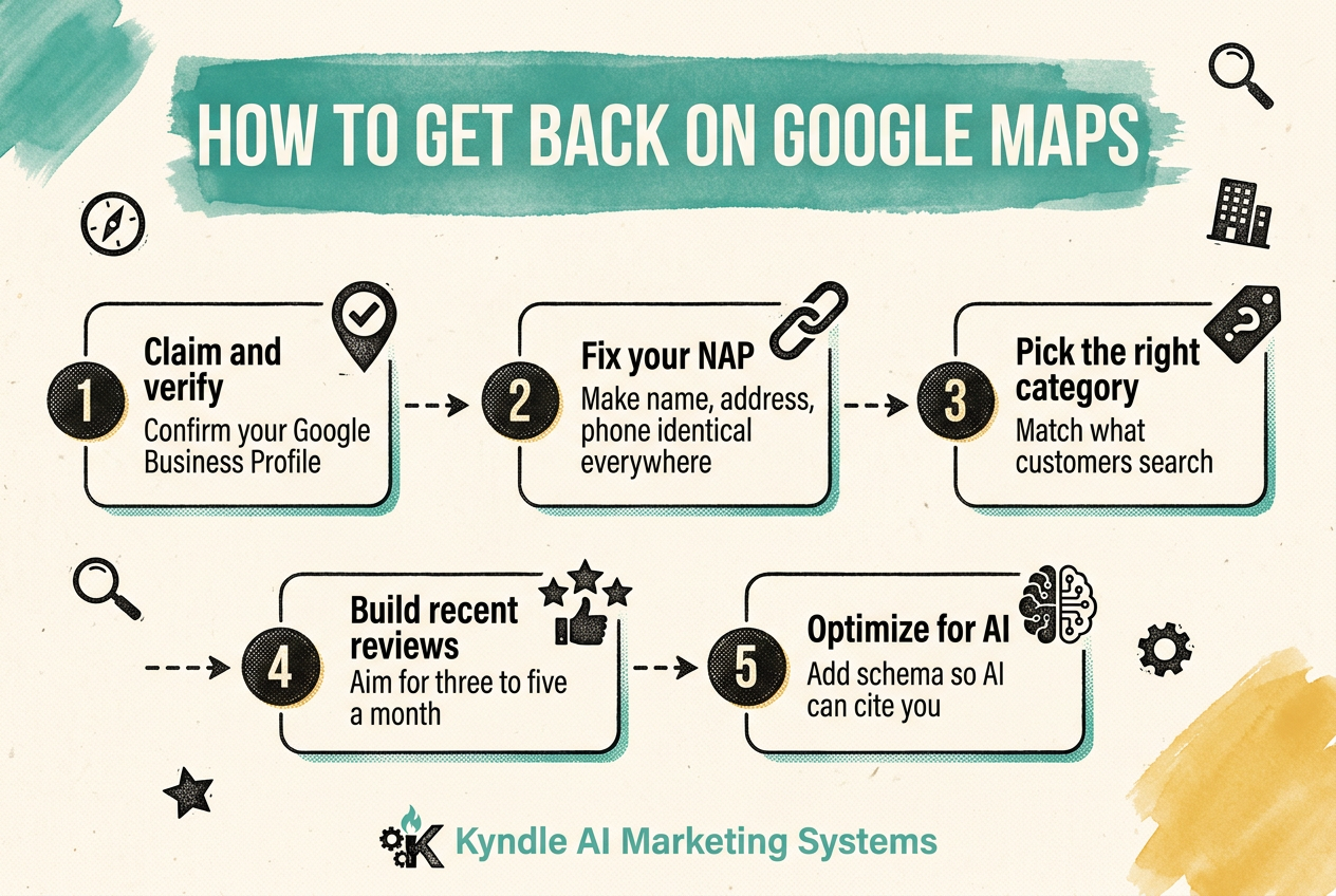 Steps to get back on Google Maps: claim and verify your profile, fix your information, choose the right category, and build reviews