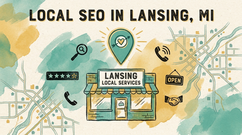 Local SEO in Lansing, Michigan: a local service storefront with a Google Maps location pin and search icons