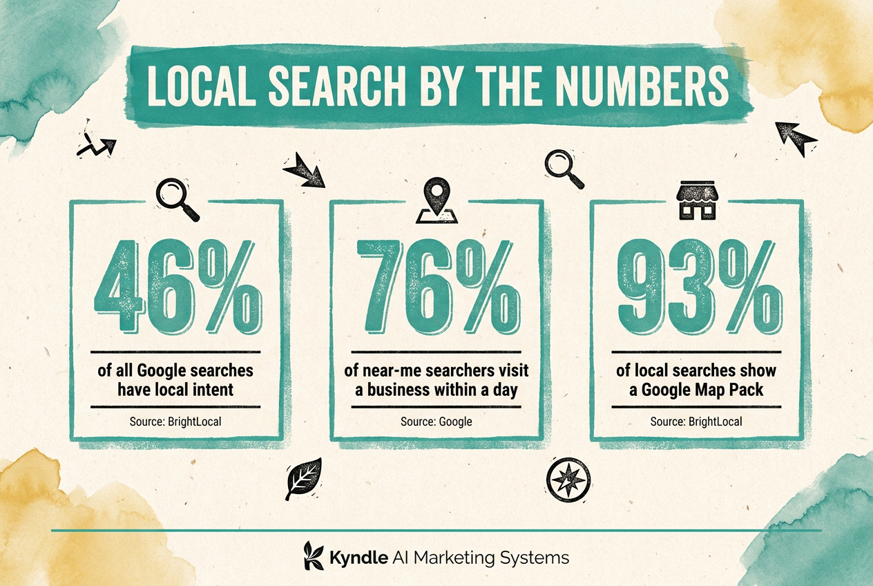 Local search statistics showing high intent: most nearby searches lead to a visit or call within a day