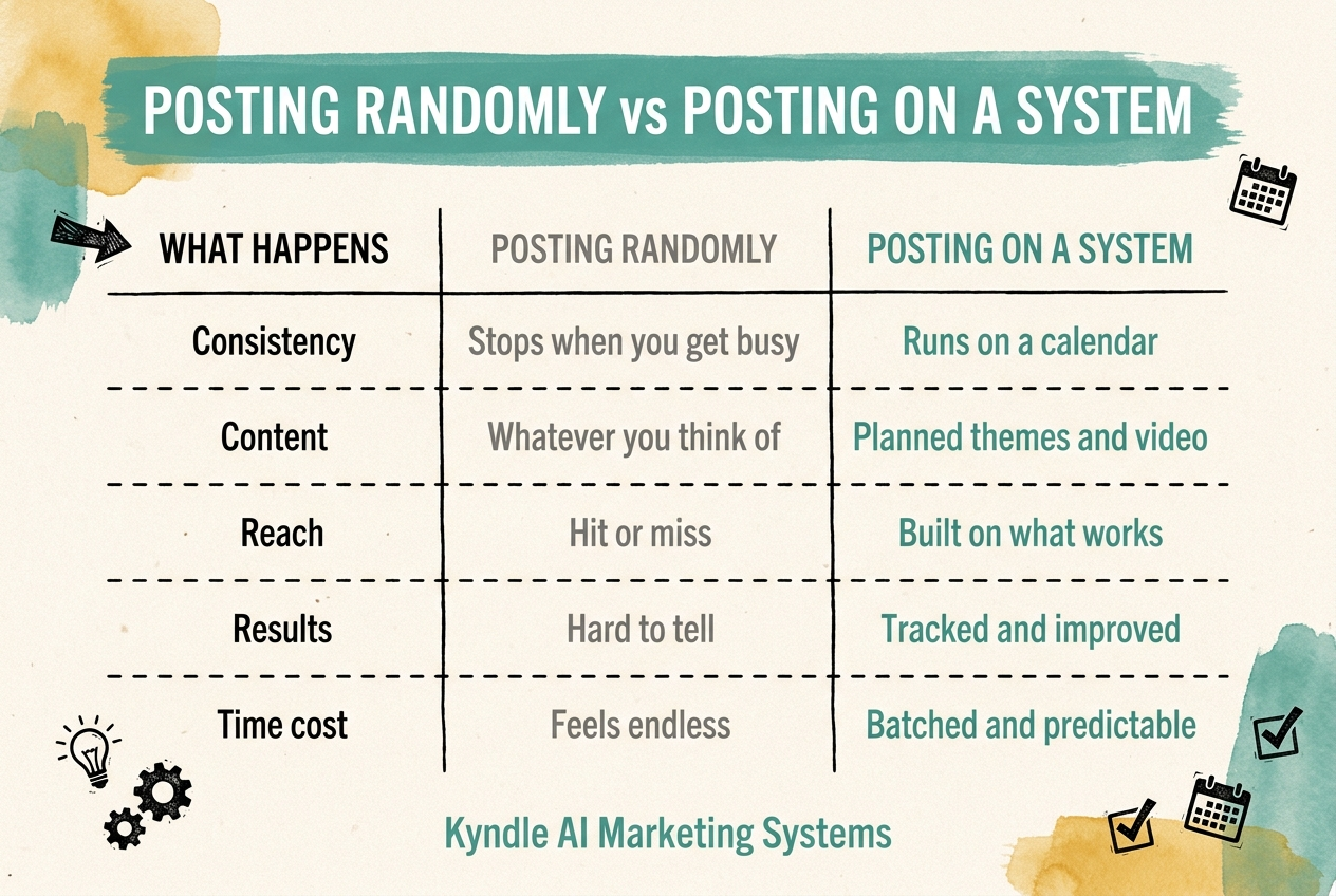 Posting randomly versus posting on a system, compared across consistency, content, reach, results, and time cost