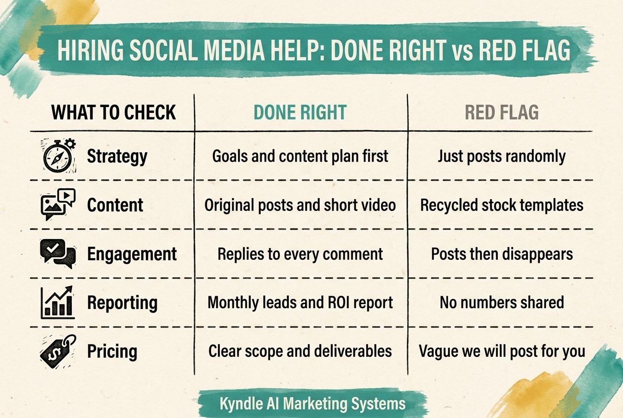 Comparison of social media management done right versus red flags across strategy, content, engagement, reporting, and pricing