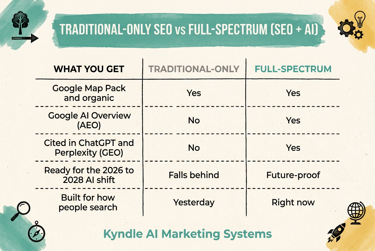 Traditional SEO versus full-spectrum SEO that adds answer engine and generative engine optimization for AI search