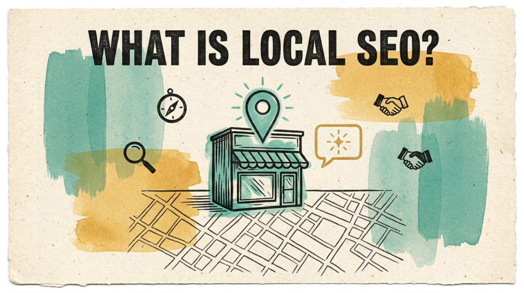 What is local SEO: a local storefront with a Google Maps pin and an AI search bubble