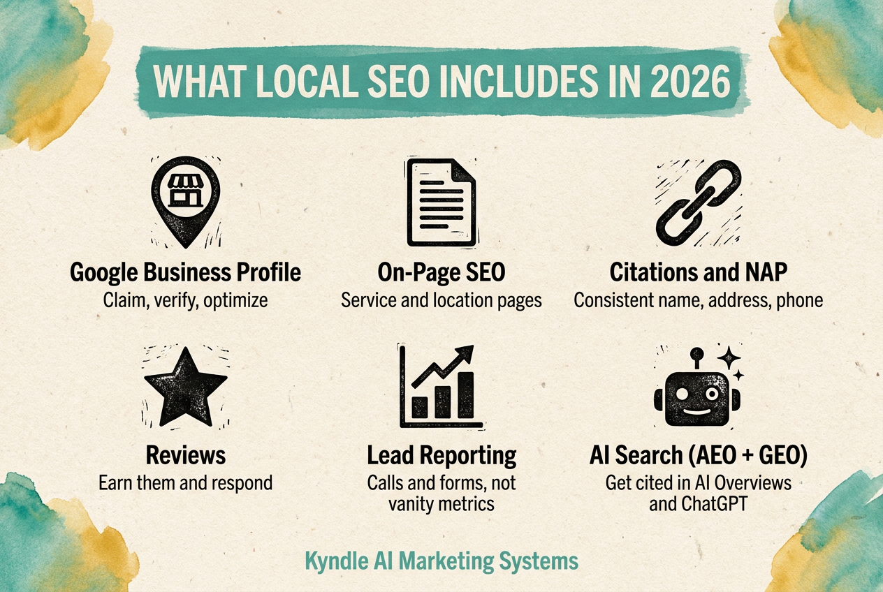 What local SEO includes in 2026: Google Business Profile, citations, reviews, on-page local SEO, local content, and AI search optimization