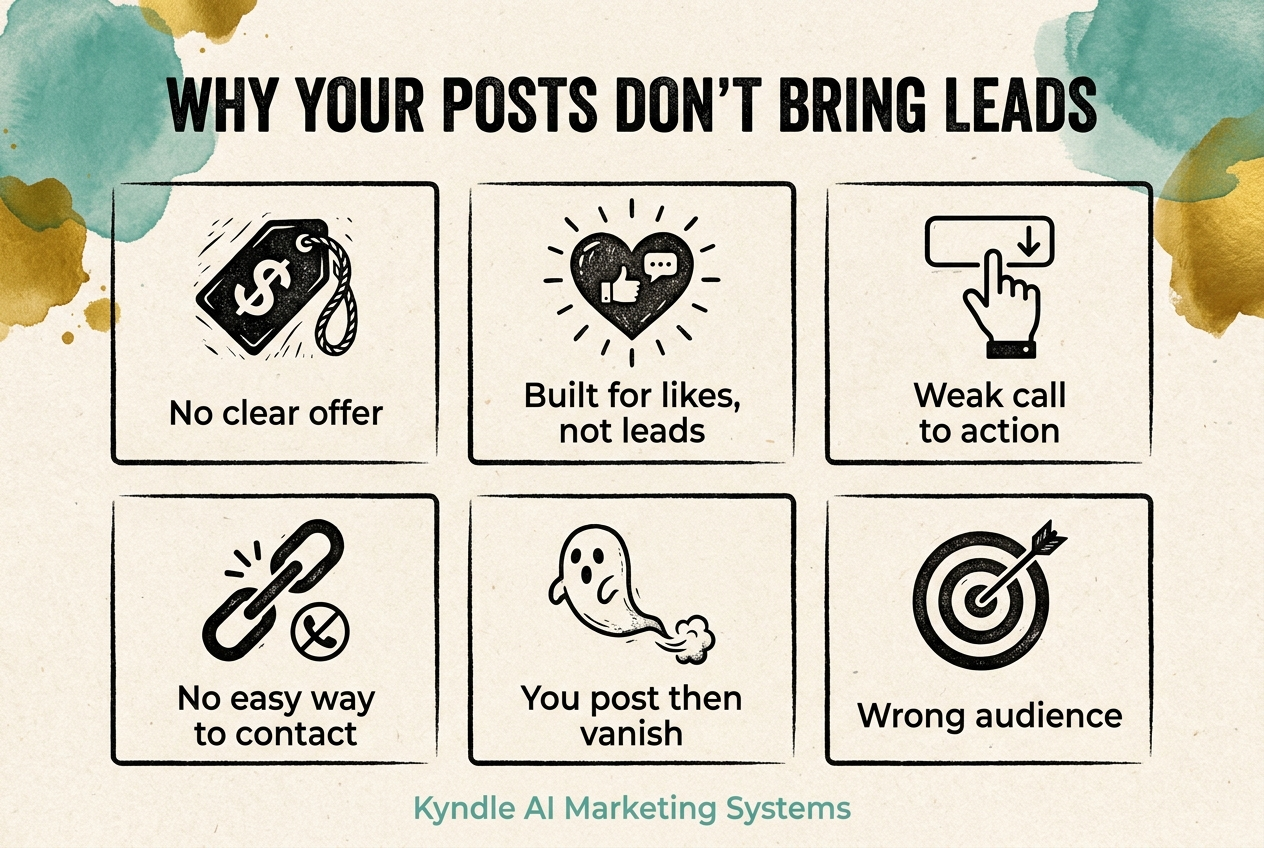 Six reasons social posts don't bring leads: no clear offer, built for likes, weak call to action, no easy way to contact, posting then vanishing, and wrong audience
